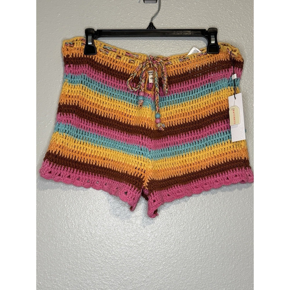 Billabong Siesta Crochet Striped Tie Waist Retro Knit Shorts Women's Large